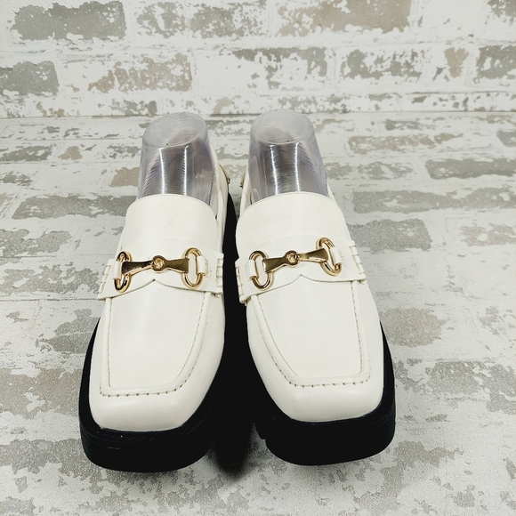 NEW Nordstrom Open Edit White Faux Patent Gold Chunky Academia Loafers C433 - Picture 3 of 14
